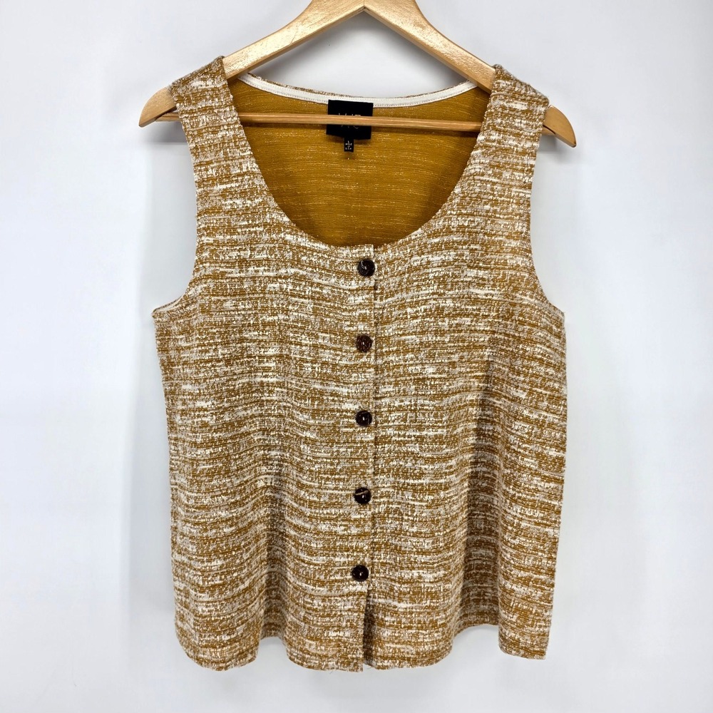 W5 Button Front Vest Womens Large Mustard Yellow White Textured Knit Sleeveless
